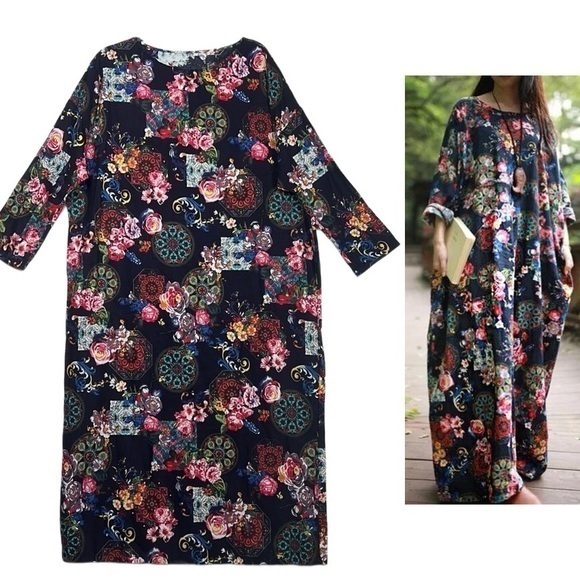 Oversized Long Sleeve Mixed Floral Print Midi Oversized Linen-Like Pockets Dress